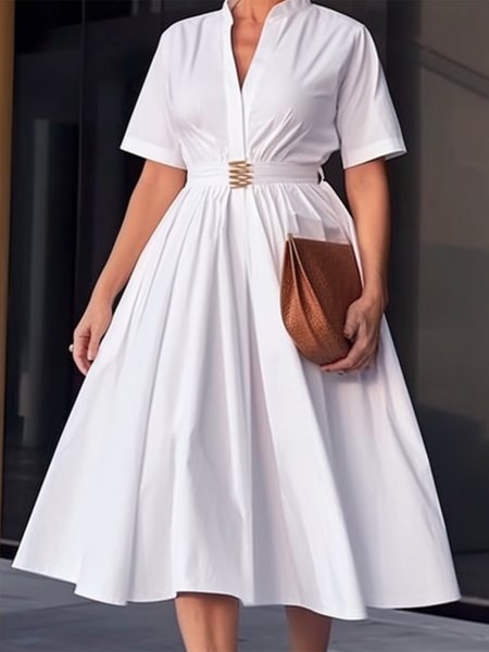 Cotton Casual Plain Stand Collar Knee Length Dress With Belt, White, Midi Dresses