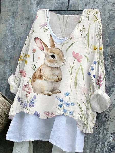 

Vintage Easter (rabbit) V Neck Long Sleeve T-shirt, As picture, T-shirts