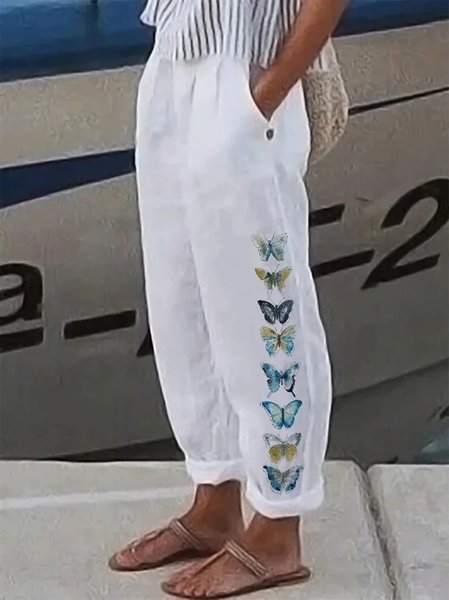 

Regular Fit Cotton Boho Butterfly Pants, White, Pants