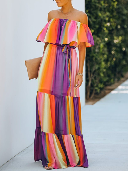 

Vacation Ombre Ruffle Sleeve Peplum Off The Shoulder Maxi Dress With Belt, As picture, Maxi Dresses