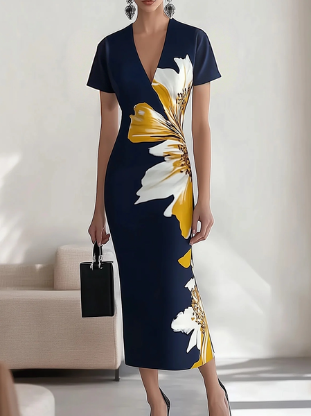 

Urban Floral Printing V Neck Midi Dress, As picture, Midi Dresses