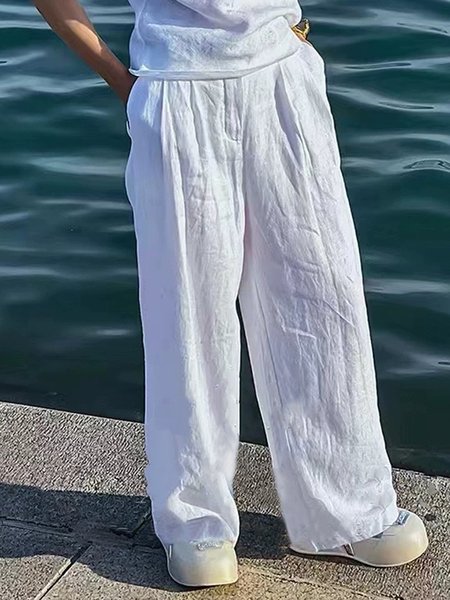

Cotton And Linen Casual Plain Straight Fashion Pants, White, Pants