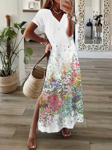 

Women Plain Short Sleeve Summer Dress V Neck Daily Casual Maxi X-Line Dress, White, Casual Dresses