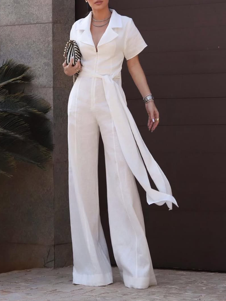 Cotton And Linen Urban Plain Shawl Collar Jumpsuit With Belt, White, Jumpsuits