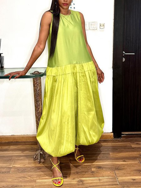 Casual Plain Crew Neck Tank Jumpsuit, Yellow, Jumpsuits