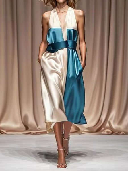 Satin Urban Color Block Split Joint V Neck Midi Dress With Belt, As picture, Midi Dresses