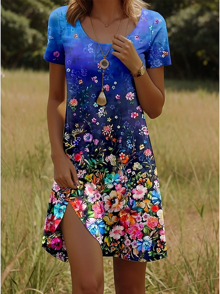 

Women Floral Short Sleeve Summer Printing Dress Crew Neck Daily Casual Mini Tunic H-Line Dress, As picture, Casual Dresses