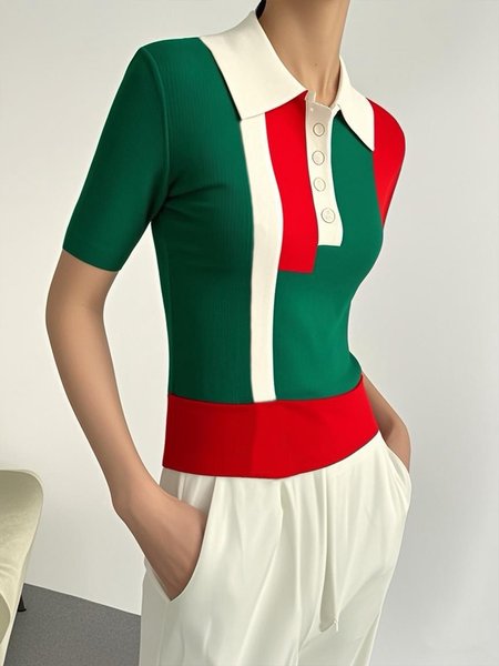 

Casual Color Block Polo Collar Short Sleeve Sweater, As picture, Pullovers