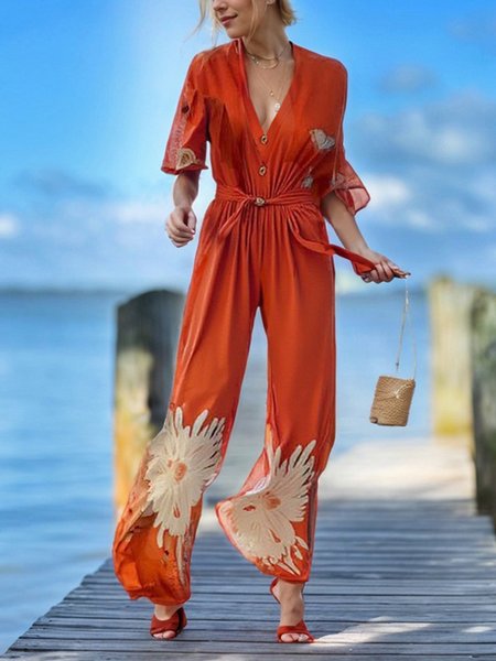 

Vacation Printing Floral V Neck Jumpsuit With Belt, Orange, Jumpsuits