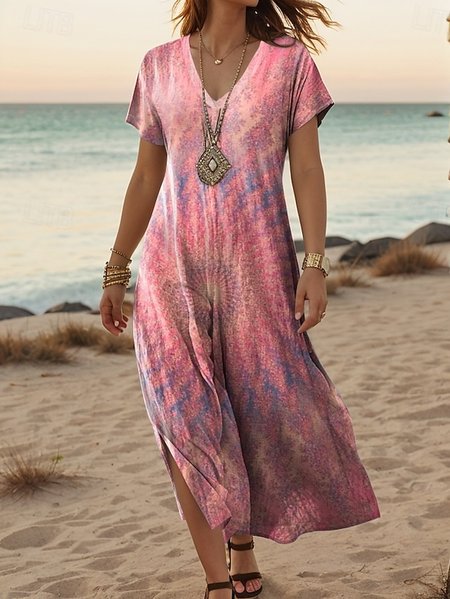 

Women's Retro Art Print Hem Side Slit V-Neck Long Dress, As picture, Dresses