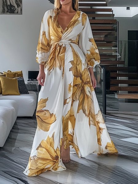 

Vacation Floral Balloon Sleeve Printing V Neck Maxi Dress, As picture, Maxi Dresses