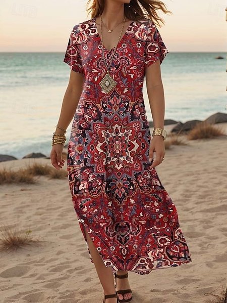

Women's retro nostalgic ethnic print hem side slit V-neck long skirt, As picture, Dresses