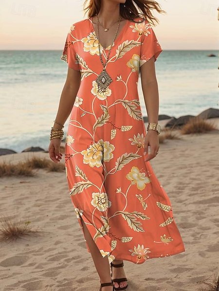 

Women's Retro Art Print Hem Side Slit V Neck Maxi Dress, As picture, Dresses