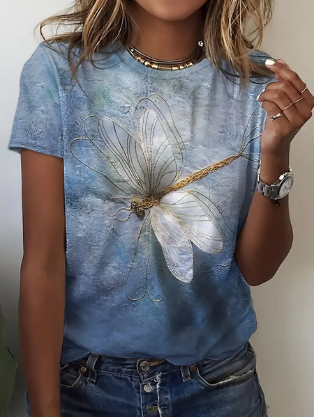 

Women's Dragonfly Spring Print Casual Round Neck Short Sleeve T-Shirt, Blue, T-shirts