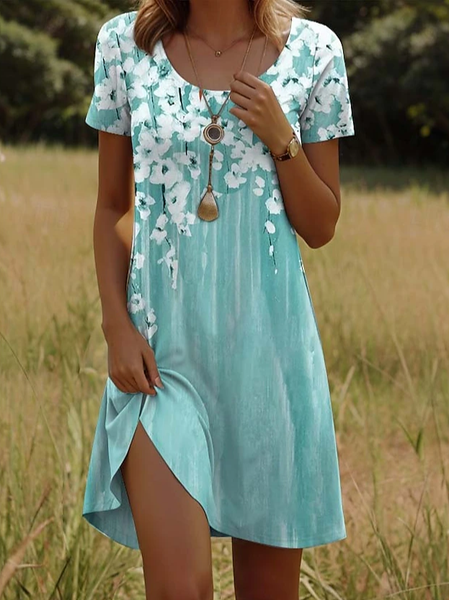 

Women Floral Short Sleeve Summer Printing Dress Crew Neck Daily Casual Mini Tunic H-Line Dress, Green, Casual Dresses