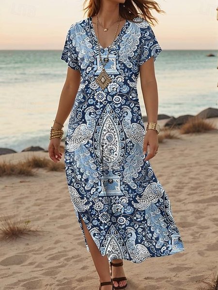 

Women's Retro Art Print Hem Side Slit V Neck Maxi Dress, As picture, Dresses