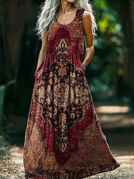 

Women Ethnic Geometry V Neck Sleeveless Comfy Vintage Maxi Dress, As picture, Dresses