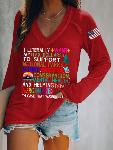 

Women's Support National Parks Print V Neck T-Shirt, Red, Long sleeves