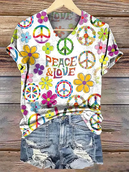 

Casual Geometric V Neck Short Sleeve T-shirt, As picture, T-shirts