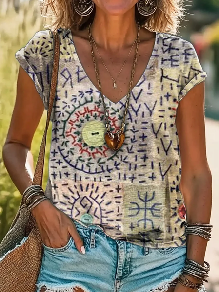 

Women Geometric Short Sleeve Tee T-shirt V Neck Printing Casual Summer Graphic Tee Top, As picture, T-Shirts