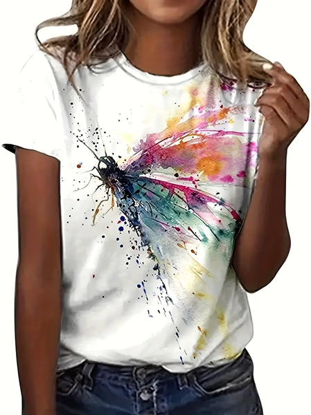 

Women's Dragonfly Spring Print Casual Round Neck Short Sleeve T-Shirt, White, T-shirts