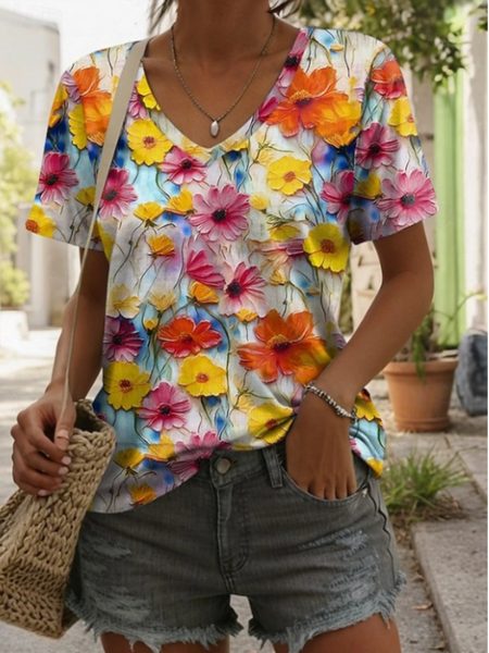 

Casual Floral Art Print V Neck Short Sleeve T-shirt, As picture, T-shirts