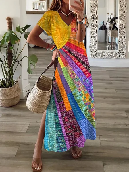 

Women Hippie Short Sleeve Summer Printing Dress V Neck Daily Casual Maxi X-Line Dress, As picture, Casual Dresses