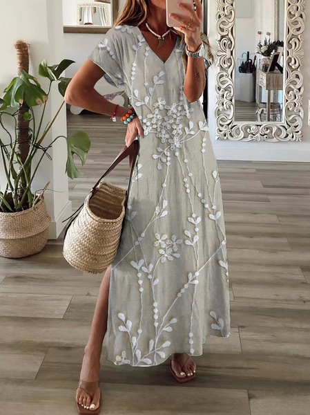 

Women Floral Short Sleeve Summer Printing Dress V Neck Daily Casual Maxi X-Line Dress, As picture, Casual Dresses