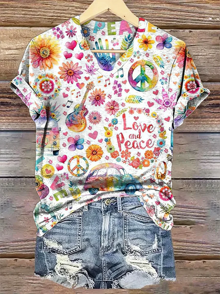 

Casual Geometric V Neck Short Sleeve T-shirt, As picture, T-shirts