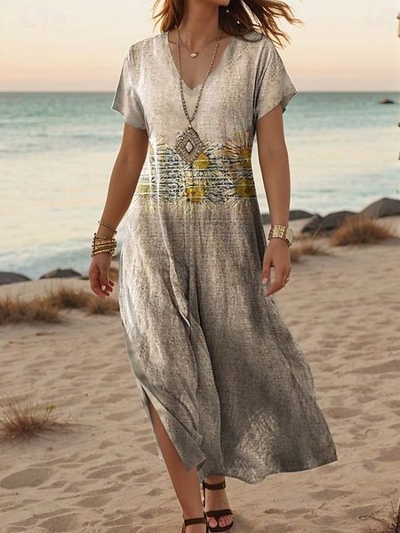 

Women's Retro Art Print Hem Side Slit V Neck Maxi Dress, As picture, Dresses