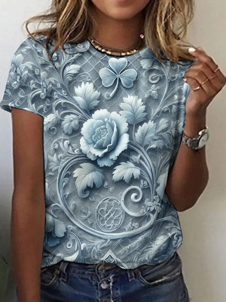 

Casual Floral Crew Neck Short Sleeve T-shirt, Light blue, T-shirts