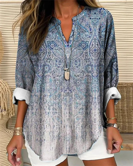 

Vintage Ethnic Print Blouse, Blue, Blouses