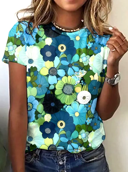 

Casual Floral Crew Neck Short Sleeve T-shirt, Lake blue, T-shirts