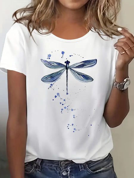

Women's Dragonfly Spring Print Casual Round Neck Short Sleeve T-Shirt, White, T-shirts