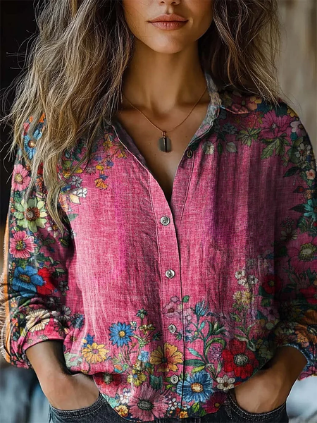 

Women's Artistic Floral Print Long Sleeve Shirt, As picture, Blouses