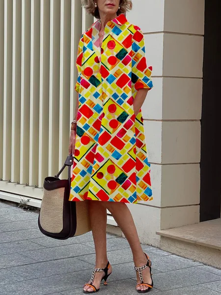 

Casual Abstract Graphic Shirt Collar Midi Dress, As picture, Midi Dresses