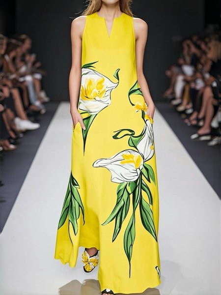 Urban Floral Printing Sleeveless V Neck Maxi Dress, Yellow, Maxi Dresses