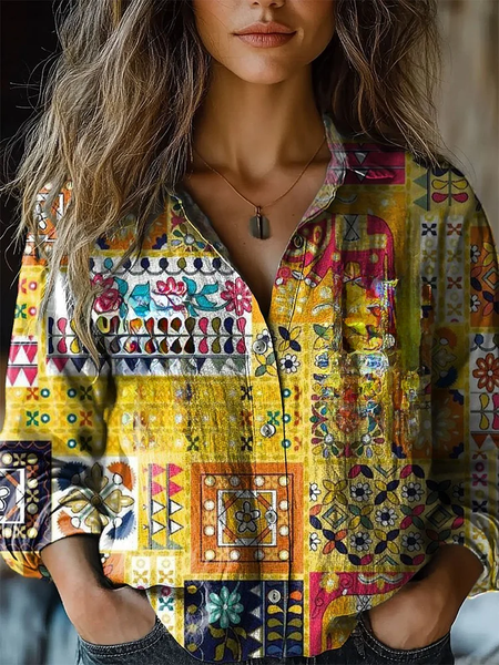 

Women's Ethnic Floral Art Print Long Sleeve Shirt, As picture, Blouses