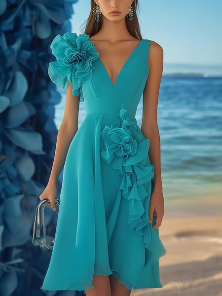 Elegant Plain 3D Floral V Neck Midi Party Dress, Blue, Midi Dresses