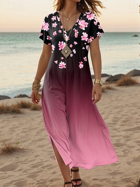 

Women's Retro Art Print Hem Side Slit V Neck Maxi Dress, As picture, Dresses