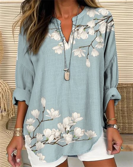 

Cotton-Blend Floral Casual V Neck Shirt Blouse, Blue, Blouses