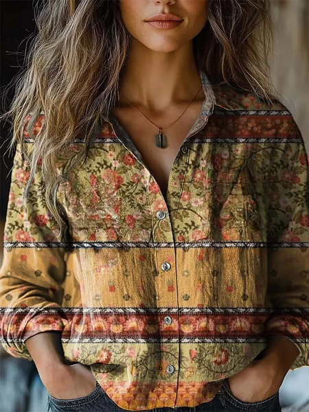Women's Artistic Floral Print Long Sleeve Shirt, As picture, Blouses