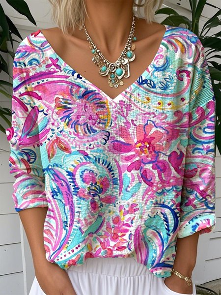 Print Casual V Neck Long Sleeve T-Shirt, Pink, Long sleeves