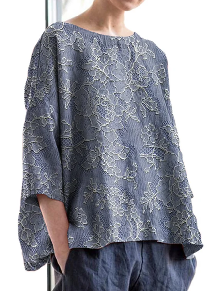 

Vintage Floral Lace Embroidery Print Round Neck Linen Loose Blouse, 4xl, Blouses