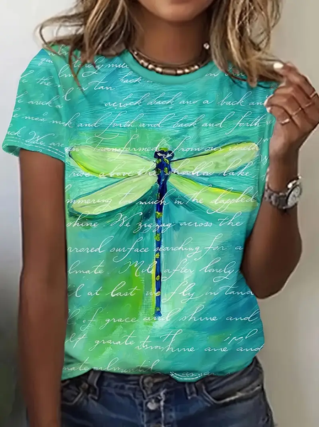 

Casual Dragonfly Crew Neck Short Sleeve T-shirt, Green, T-shirts