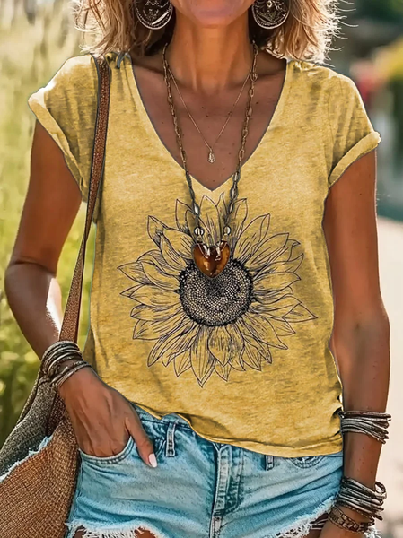 

Women's Floral Spring Print Casual V-Neck Short Sleeve T-Shirt, Yellow, T-shirts
