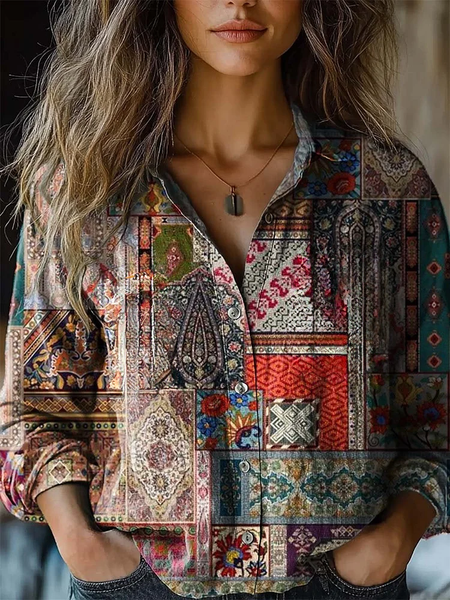 

Women's Ethnic Art Floral Print Long Sleeve Shirt, As picture, Blouses