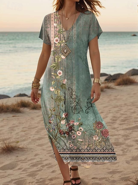 

Women's Retro Art Print Hem Side Slit V-Neck Long Dress, As picture, Dresses