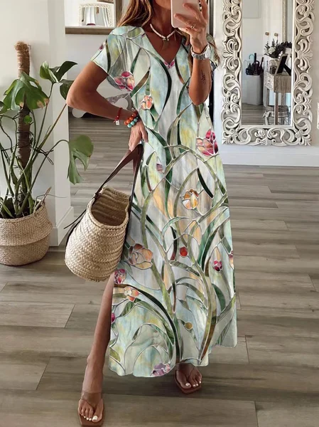 

Women's Floral Spring Print Casual V-Neck Short Sleeve Slit Dress, Green, Dresses