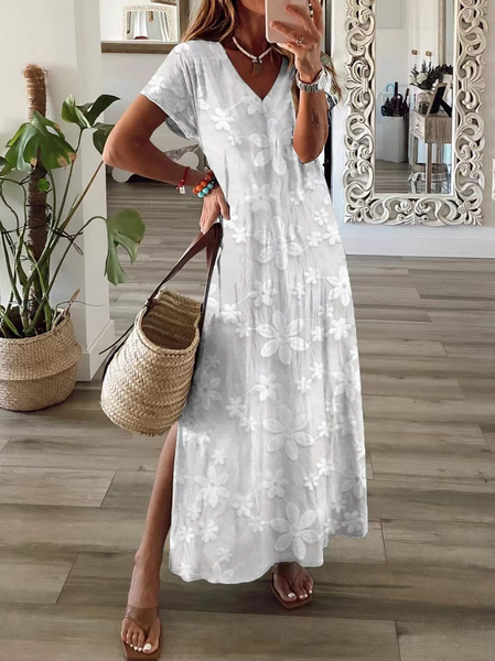 

Women's Floral Spring Print Casual V-Neck Short Sleeve Slit Dress, White, Maxi Dresses